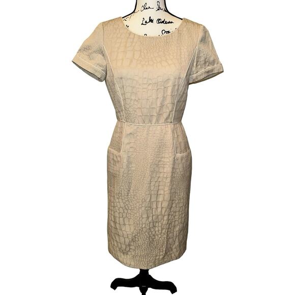 Alex Marie‎ Tan Textured Sheath Pencil Dress Pockets Geometric Office Work Sz 4 - Picture 1 of 12